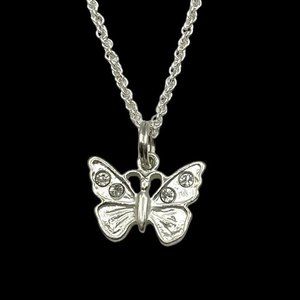 Vintage Sterling Silver Chain And Butterfly With Clear Stones Pendant